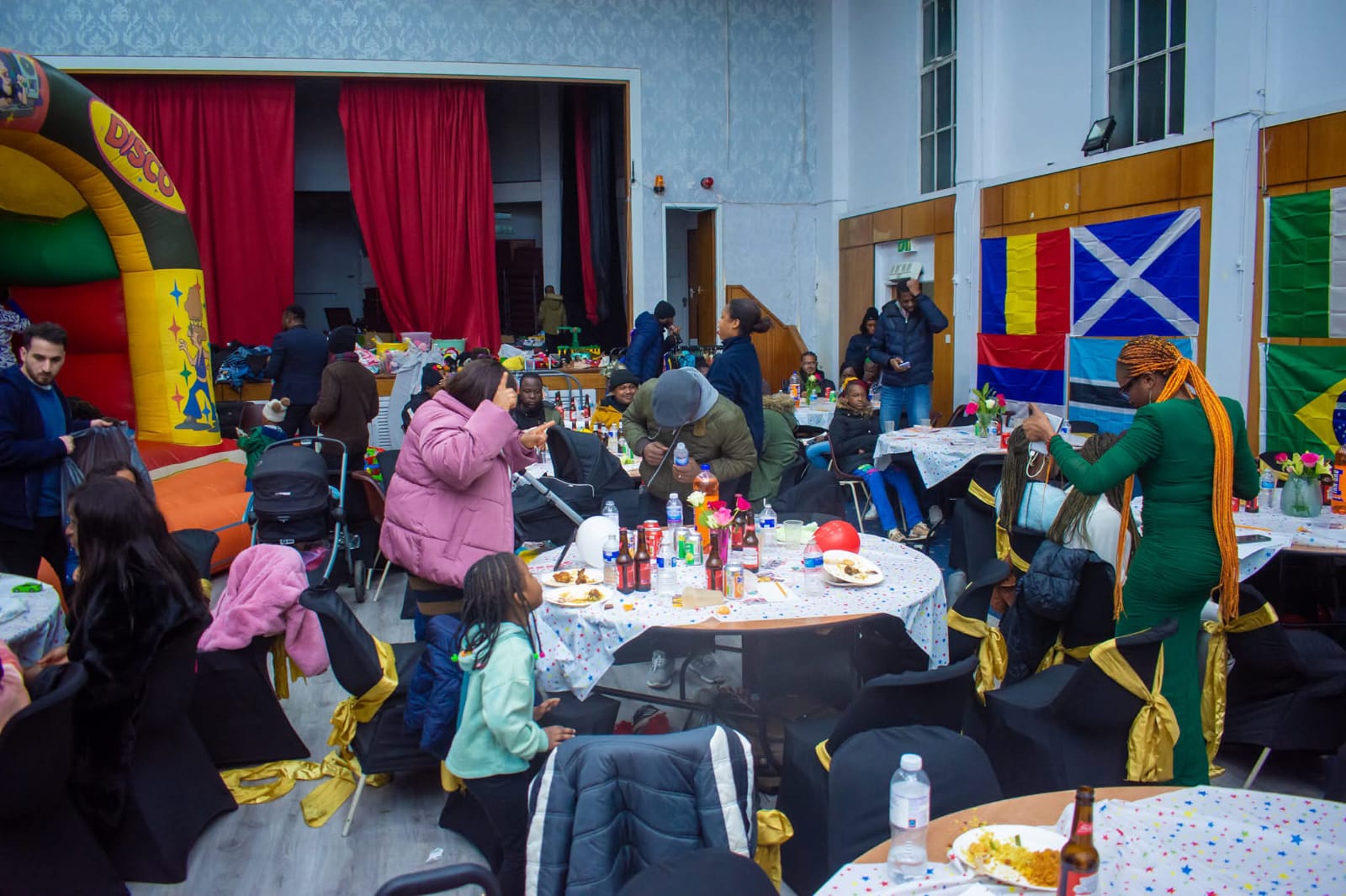 Community event with international flags and decorations